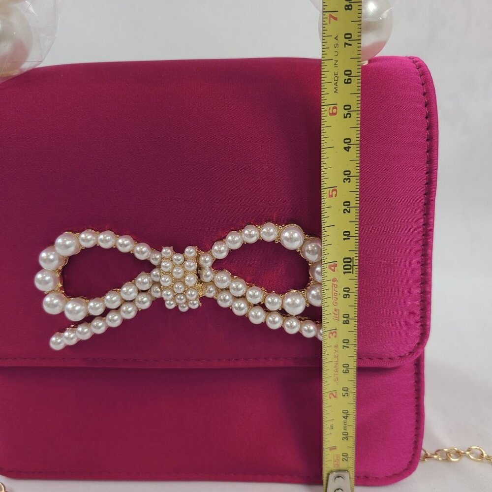 NWT Shiraleah Magenta Maude Mini Top Handle Bag With Pearl Bow & Chain Strap - Picture 7 of 9